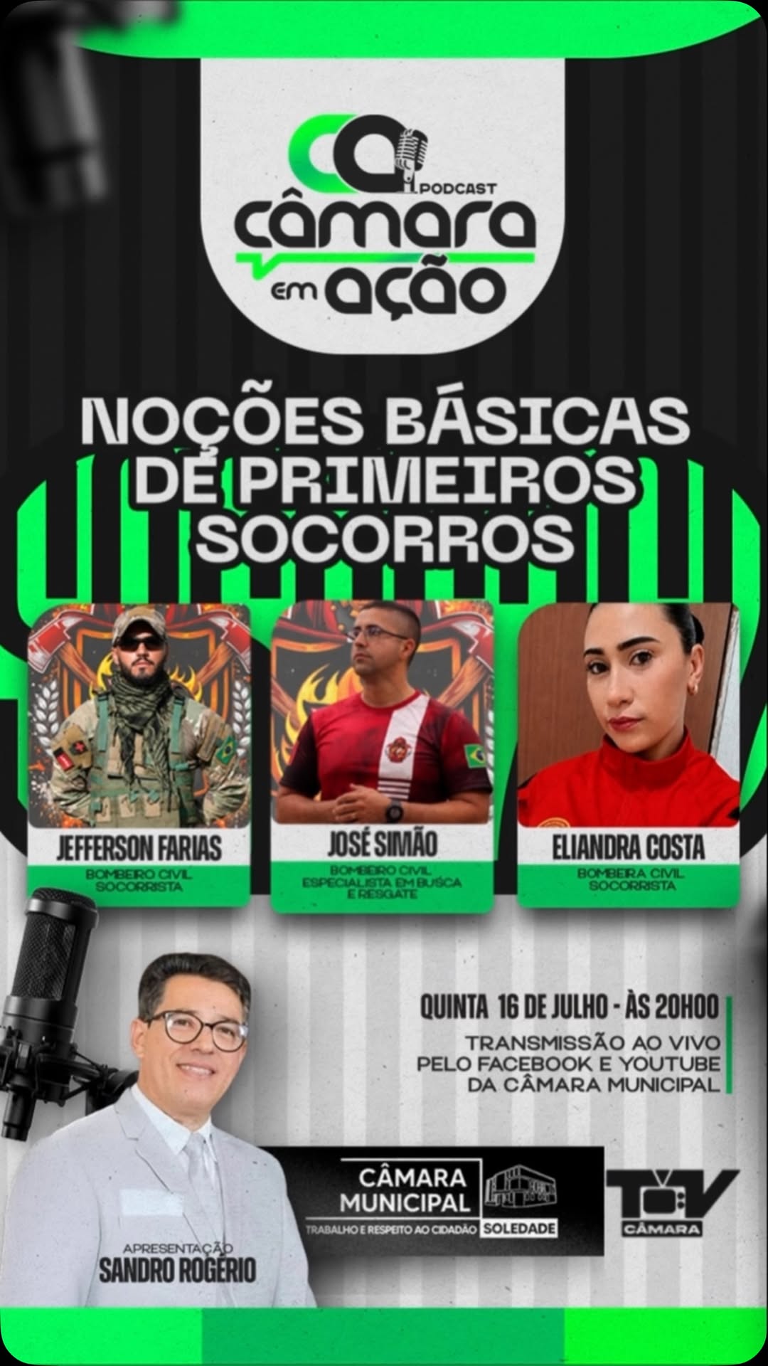 🎙️🚑 Nesta quinta-feira, às 20h, tem mais um episódio do Podcast Câmara em Ação!