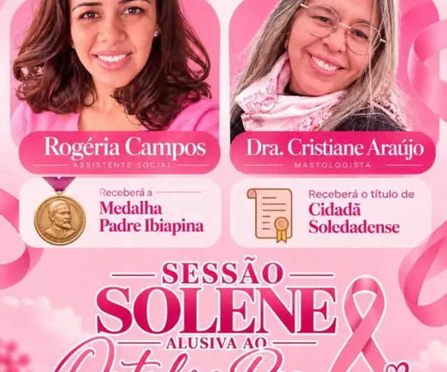 Câmara de Soledade anuncia sessão do Outubro Rosa para 21 de outubro